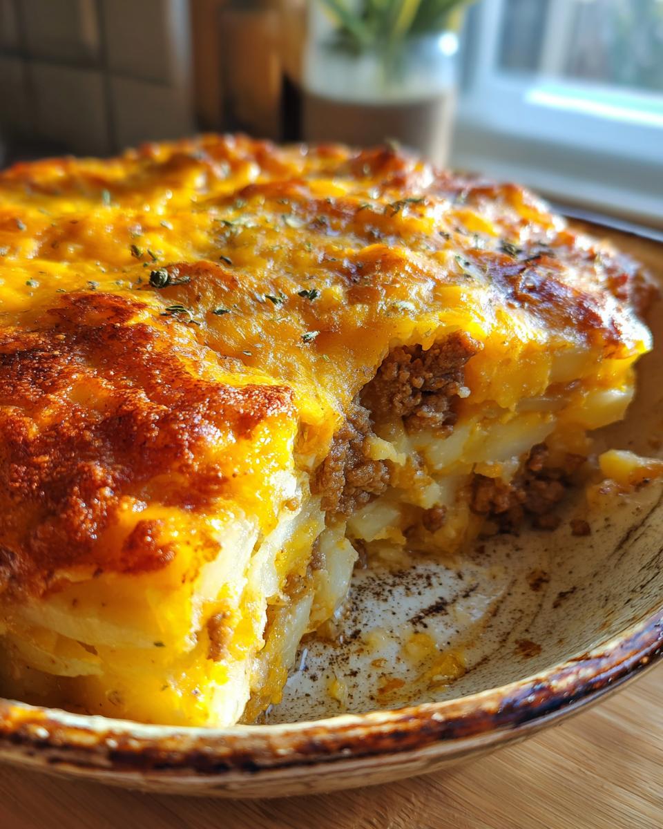 A close-up view of a slice of cheesy ground beef potato bake, showing layers of potatoes, seasoned ground beef, and melted cheese.