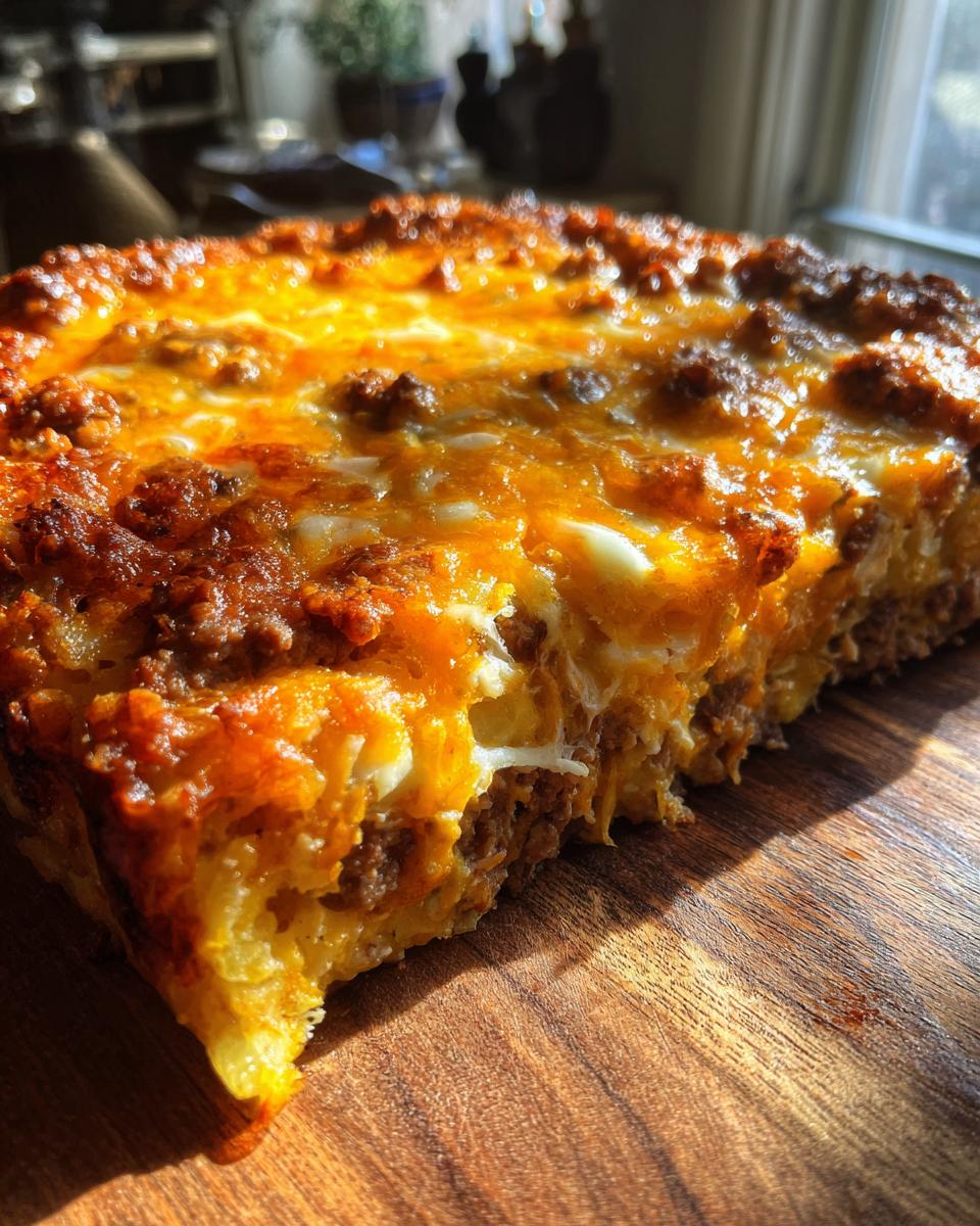 A close-up of a slice of Cheesy Ground Beef Potato Bake, showing layers of potatoes, ground beef, and melted cheese.