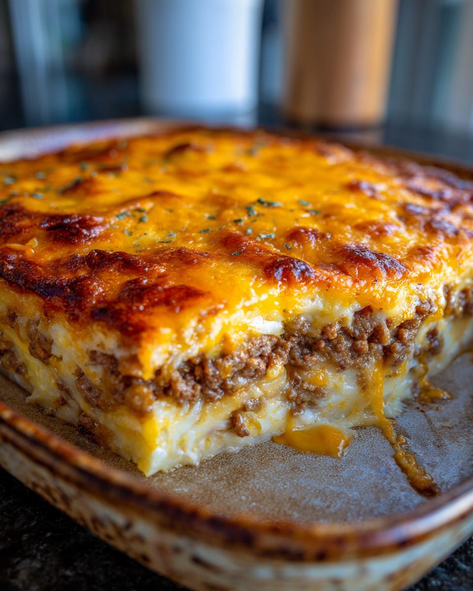 A close-up of a slice of cheesy ground beef potato bake, showing layers of ground beef and potatoes with melted cheese.