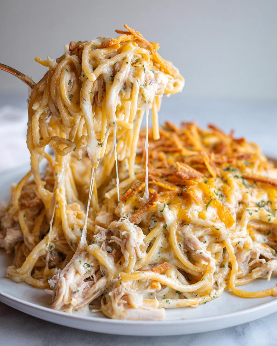 A fork lifting a large serving of creamy monterey chicken spaghetti showing a dramatic cheese pull.