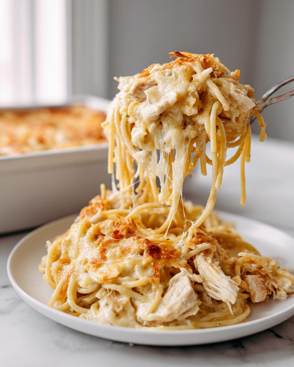 A fork lifting a cheesy portion of monterey chicken spaghetti, showing long cheese pulls over a serving on a white plate.