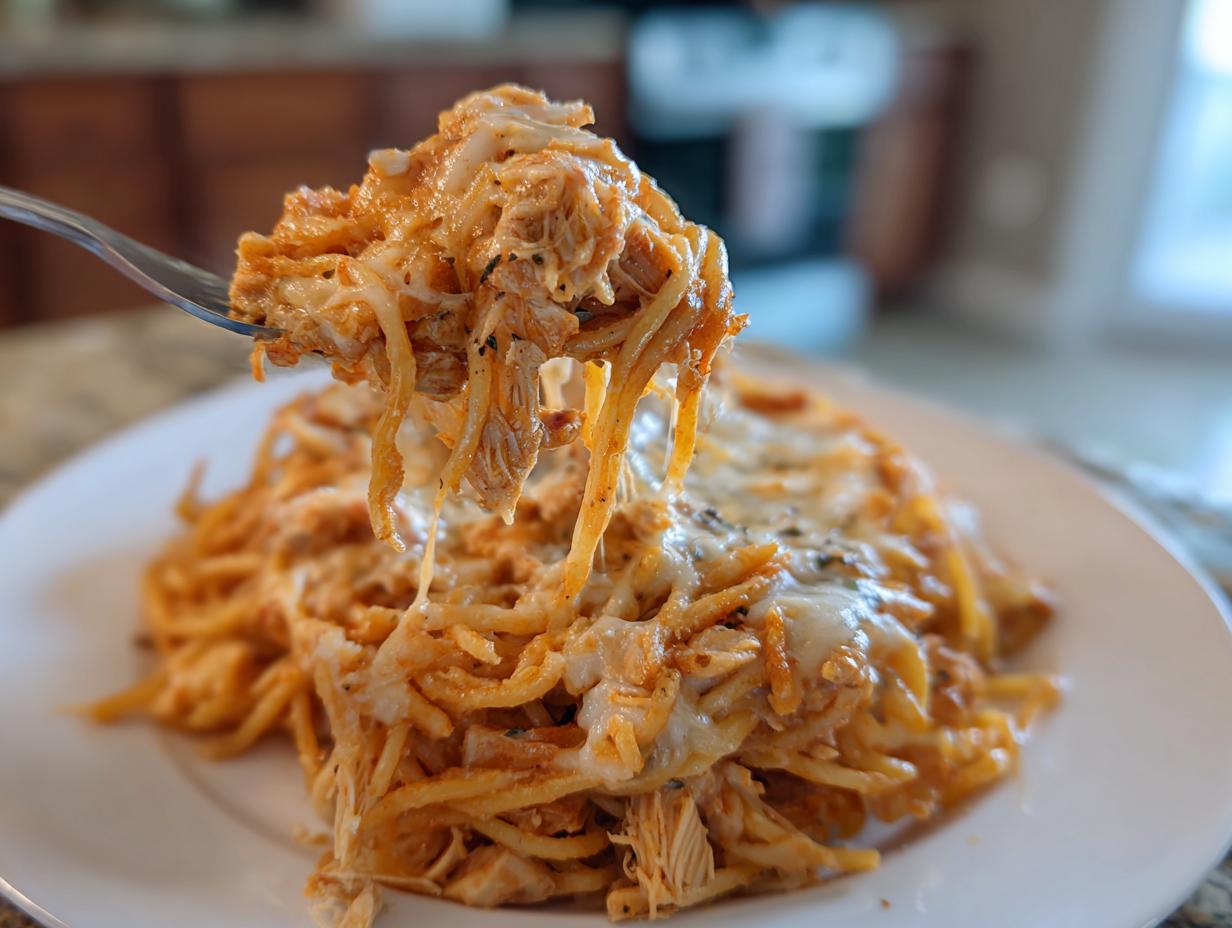 A fork lifting a cheesy, saucy portion of monterey chicken spaghetti, showing melted cheese strings.
