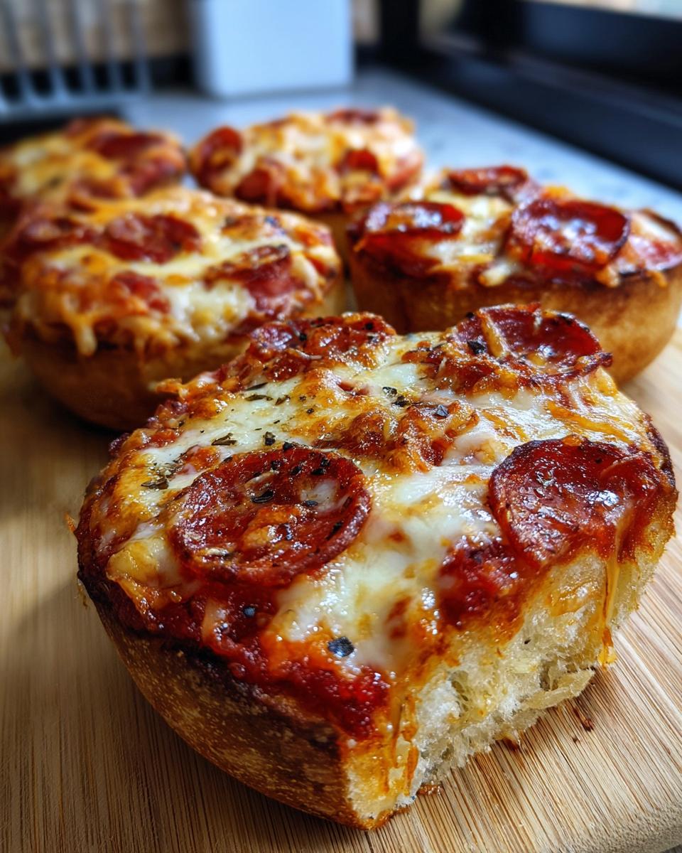 Close-up of a freshly baked english muffin pizza topped with melted cheese and pepperoni slices.