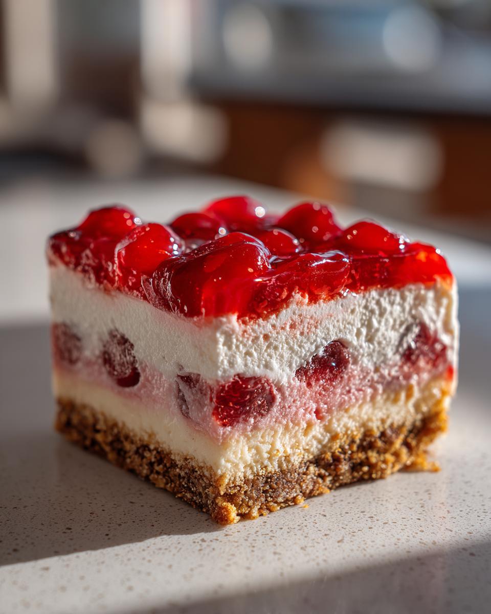 A close-up of a slice of Cherry Pecan Cheesecake Lush, showcasing layers of graham cracker crust, creamy filling, cherries, and cherry topping.