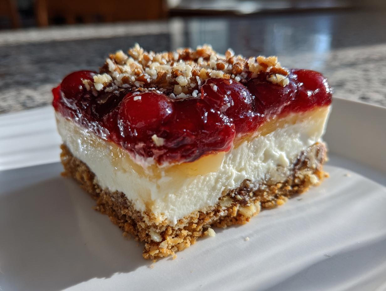 A slice of Cherry Pecan Cheesecake Lush on a white plate, showcasing layers of crust, cheesecake, and cherry topping.