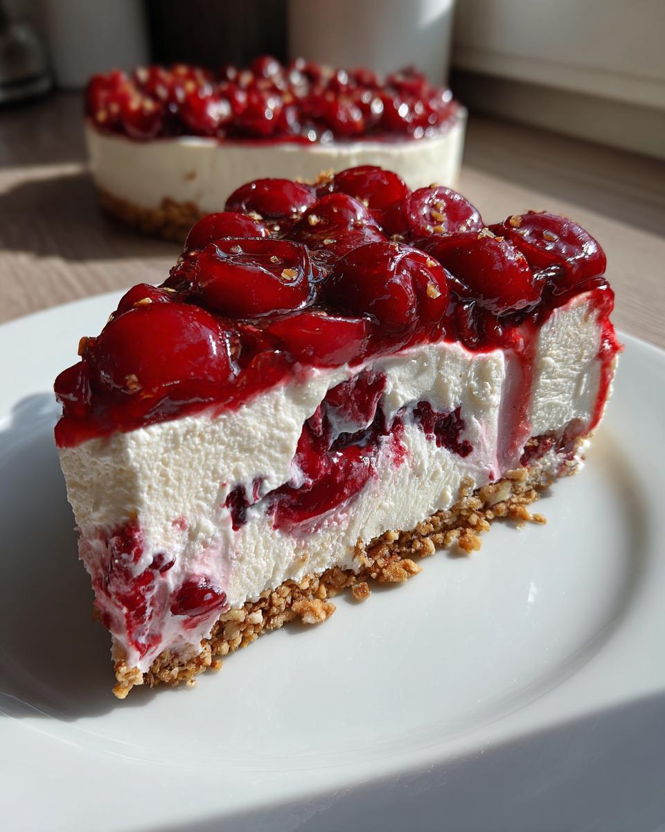 A slice of Cherry Pecan Cheesecake Lush on a white plate, showcasing the creamy filling, cherry topping, and pecan crust.