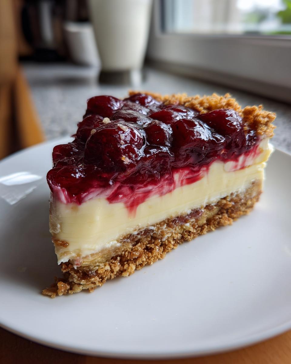 A slice of Cherry Pecan Cheesecake Lush with a graham cracker crust, creamy filling, and cherry topping.