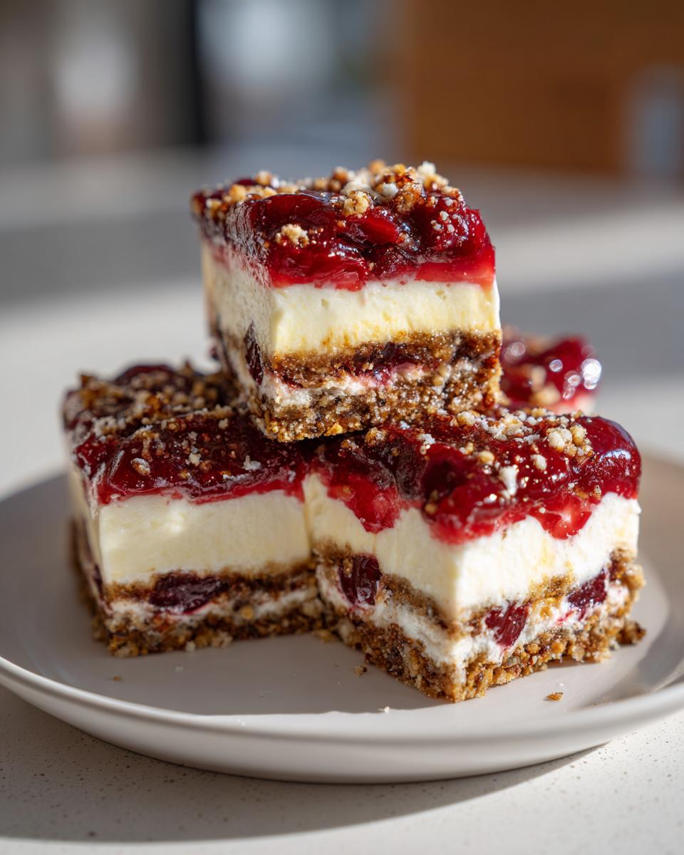 Three slices of Cherry Pecan Cheesecake Lush stacked on a white plate, showcasing layers of crust, cream cheese filling, and cherry topping.