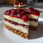 Two slices of Cherry Pecan Cheesecake Lush on a white plate, showcasing layers of creamy cheesecake, pecan crust, and cherry topping.