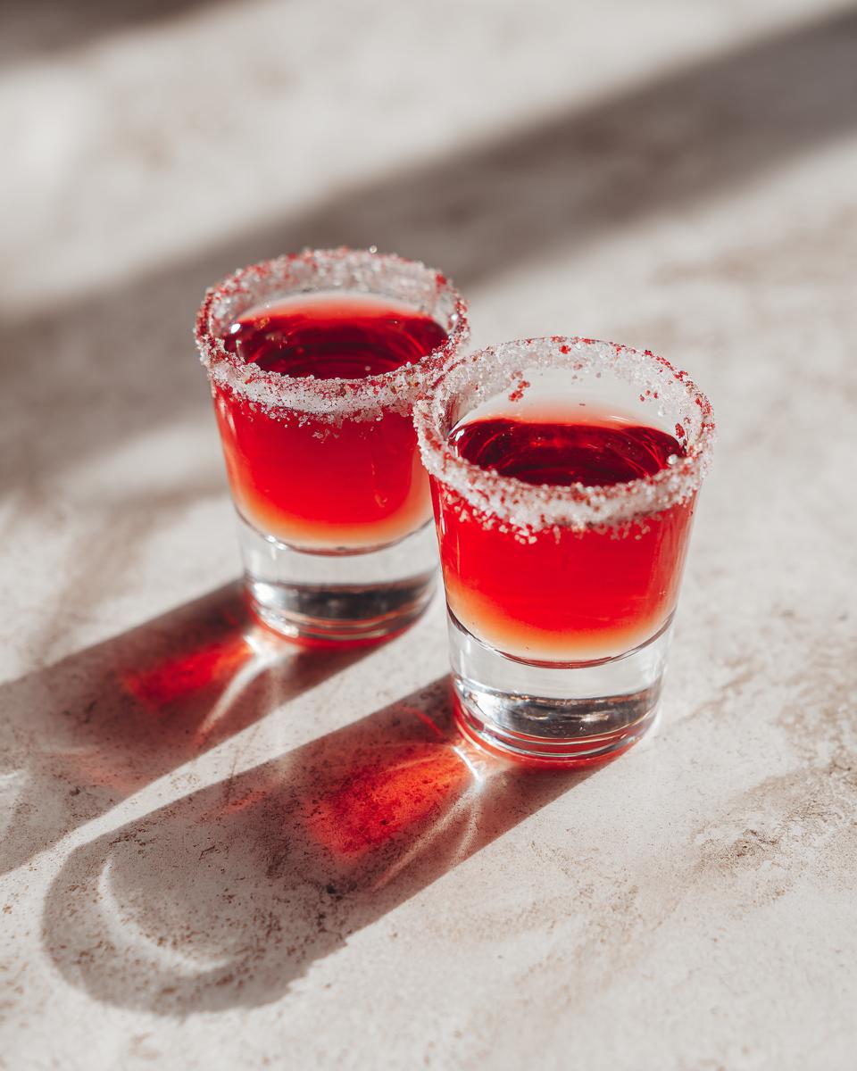 Two vibrant red cherry shots with a sugar-rimmed glass, perfect for parties.