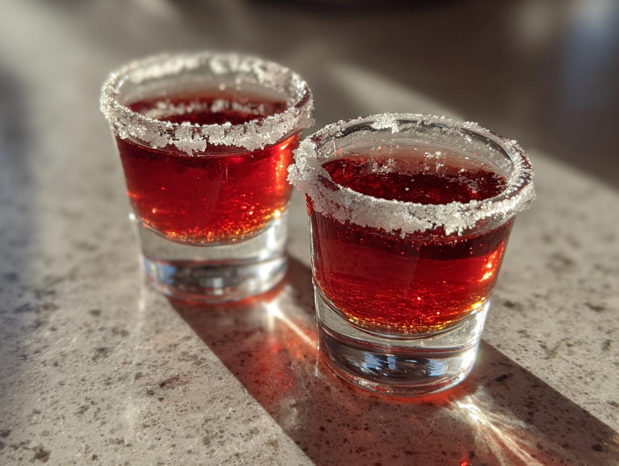Two vibrant red cherry shots with a sugar-rimmed glass, perfect for parties.