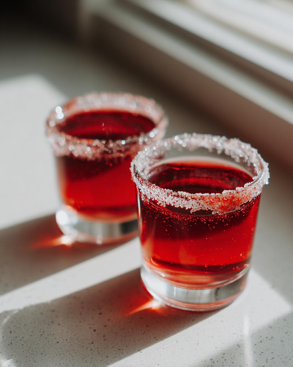Two festive cherry shots with sugar-rimmed glasses, ready for a party.