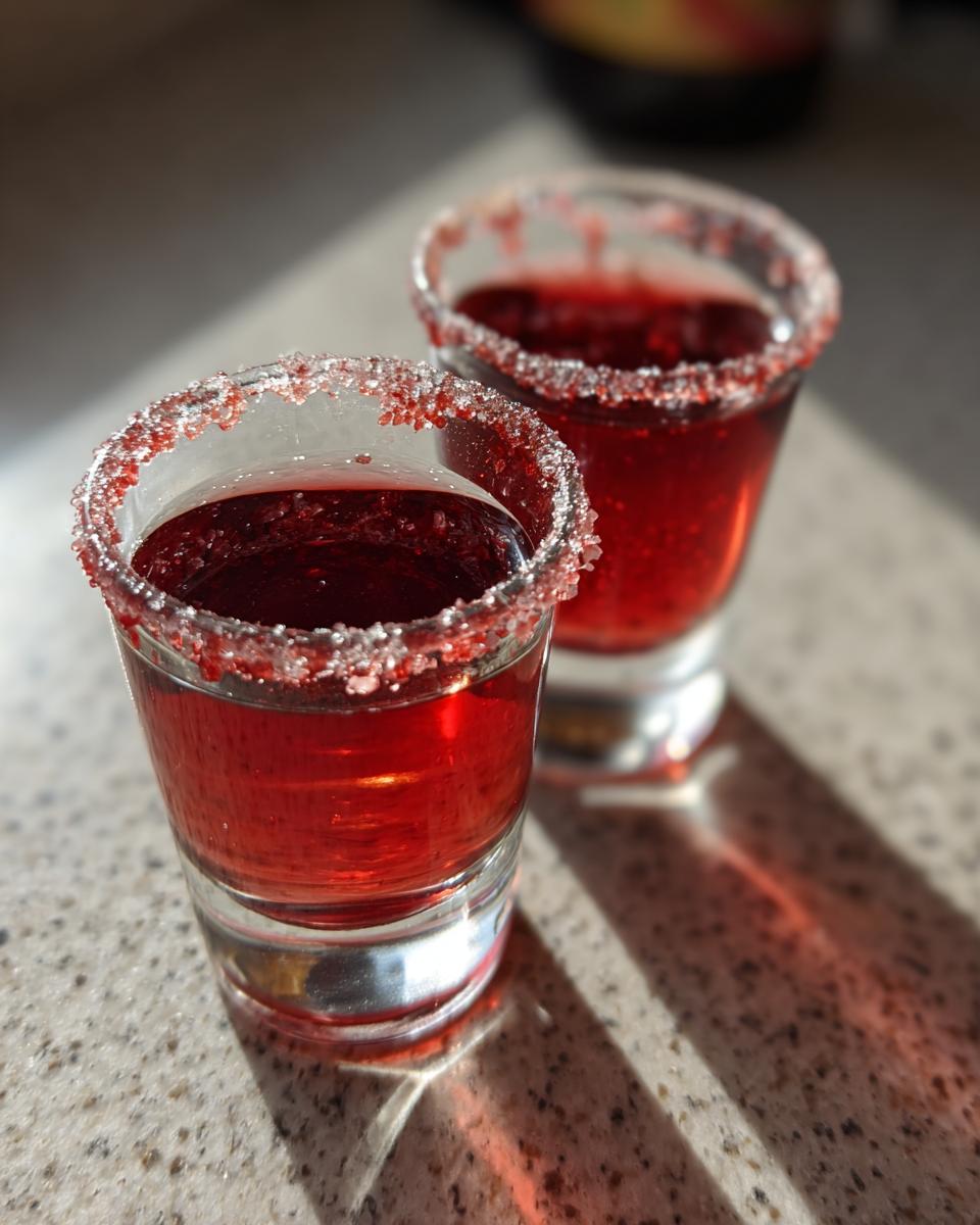 Two vibrant red cherry shots with sugar-rimmed glasses, ready for a party.