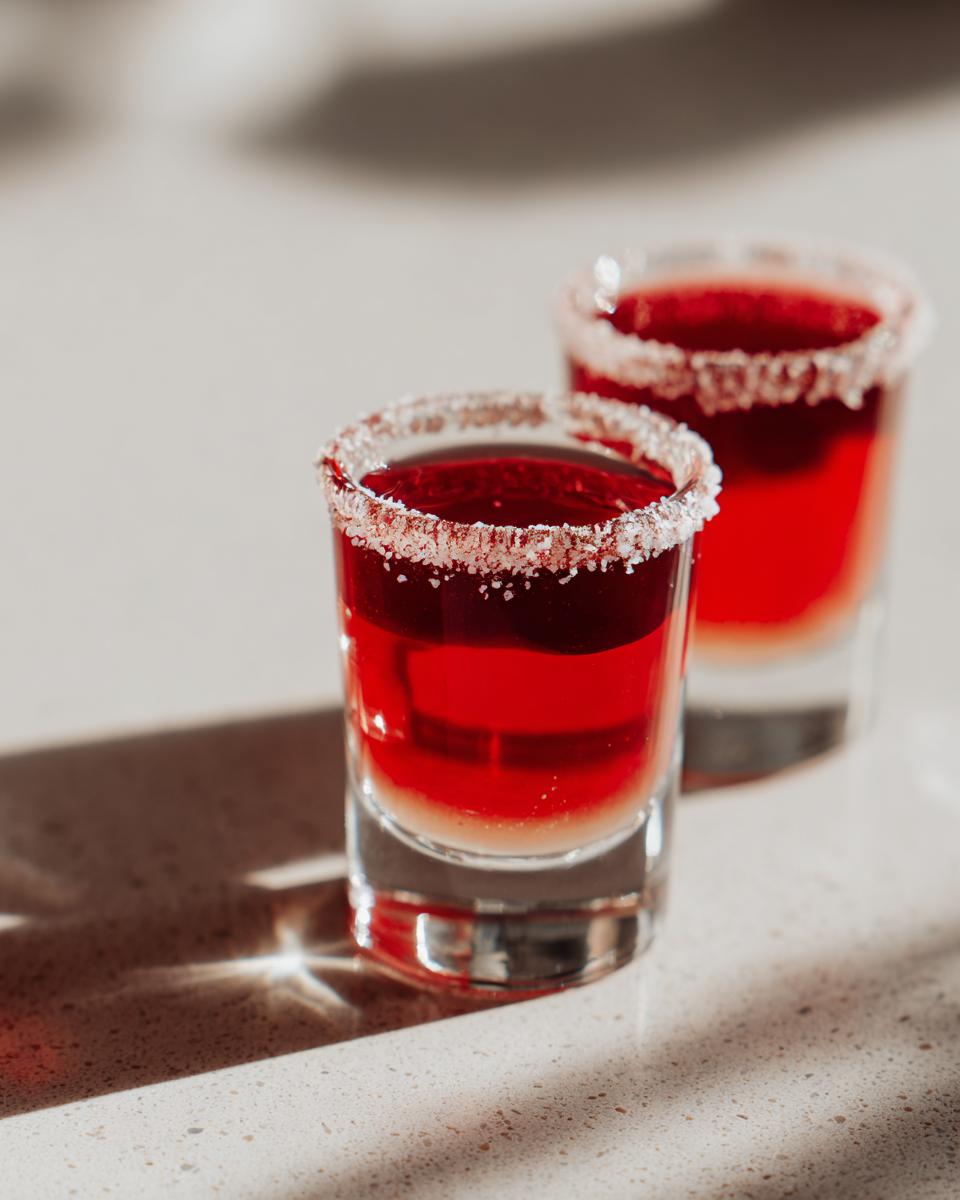 Two layered cherry shots with a sugar rim, perfect for parties.