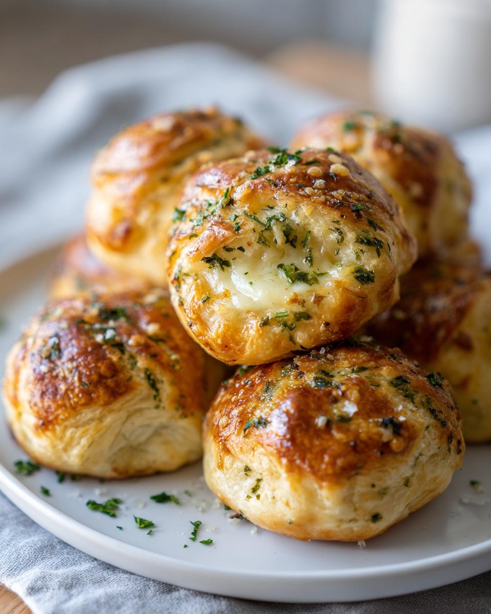 A stack of golden-brown chicken alfredo crazy puffs, topped with herbs and cheese, on a white plate.