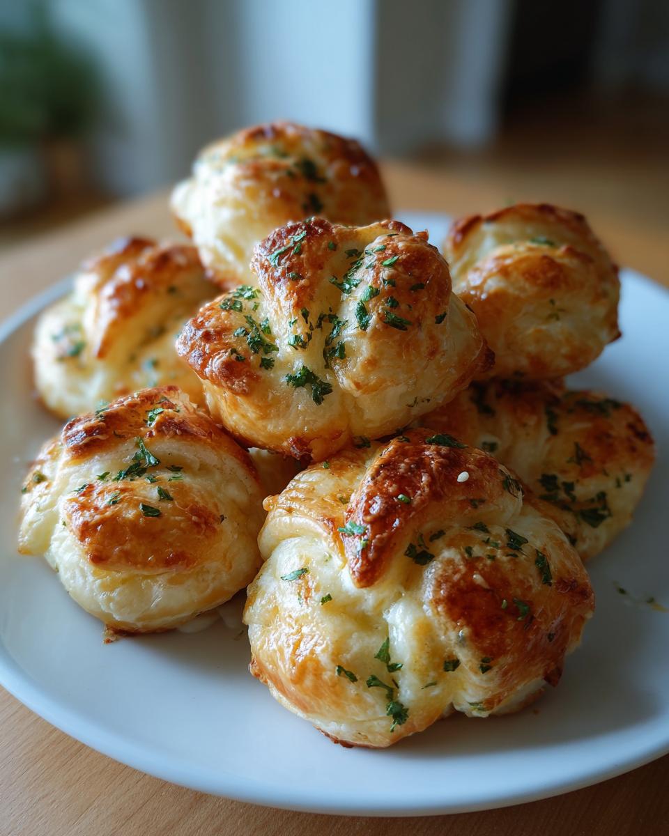 A pile of golden brown chicken alfredo crazy puffs sprinkled with fresh parsley on a white plate.