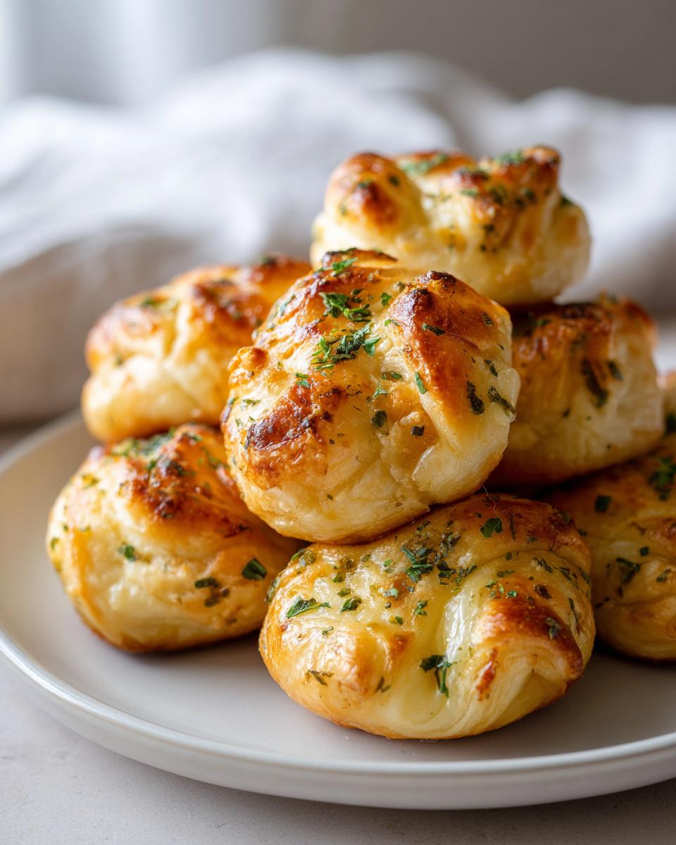 A stack of golden-brown chicken alfredo crazy puffs, sprinkled with fresh parsley, on a white plate.