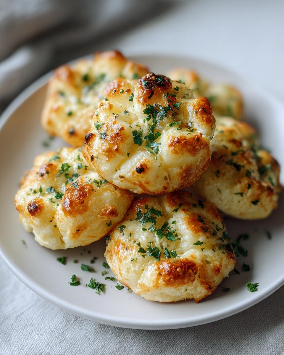 A stack of golden-brown chicken alfredo crazy puffs, sprinkled with fresh parsley, on a white plate.