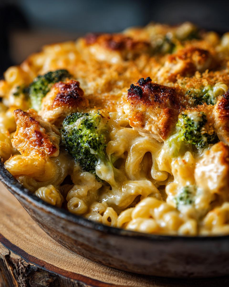 Close-up of a bubbling chicken broccoli pasta bake with golden-brown cheese and crispy breadcrumbs.