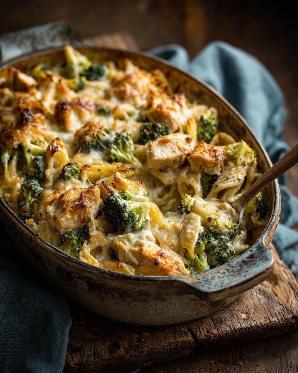 A close-up of a bubbling chicken broccoli pasta bake in an oval dish, with a spoon scooping out a portion.