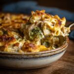 A spoonful of creamy chicken broccoli pasta bake with melted cheese and golden-brown crust.