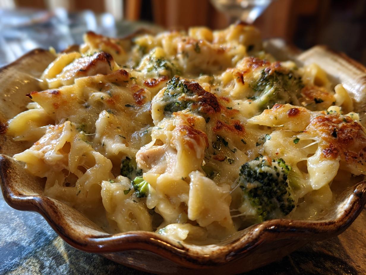 Close-up of a serving of chicken broccoli pasta bake, with melted cheese and golden brown pasta.
