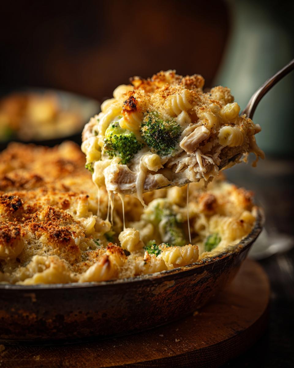 A spoonful of cheesy chicken broccoli pasta bake with melted cheese strings.