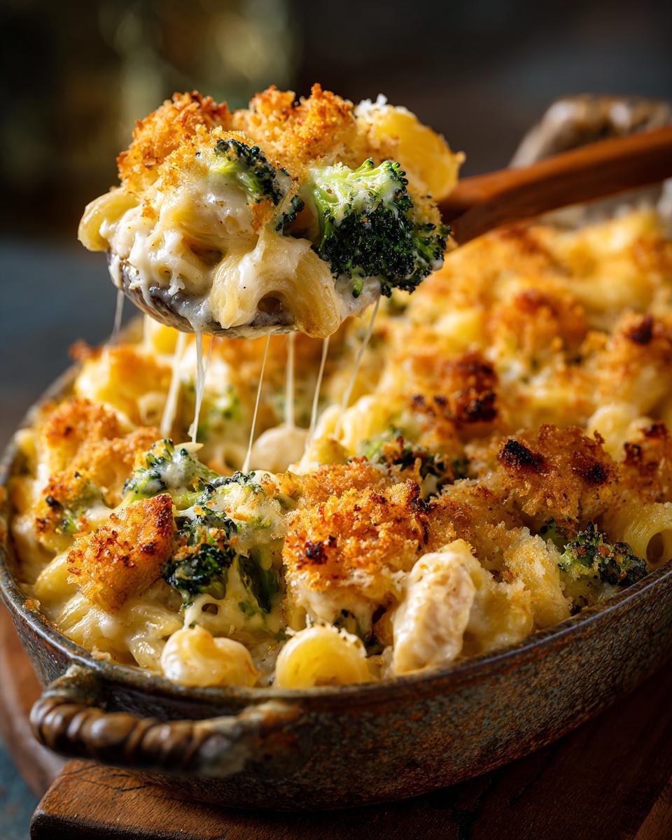 A spoonful of cheesy chicken broccoli pasta bake, showing melted cheese and crispy topping.