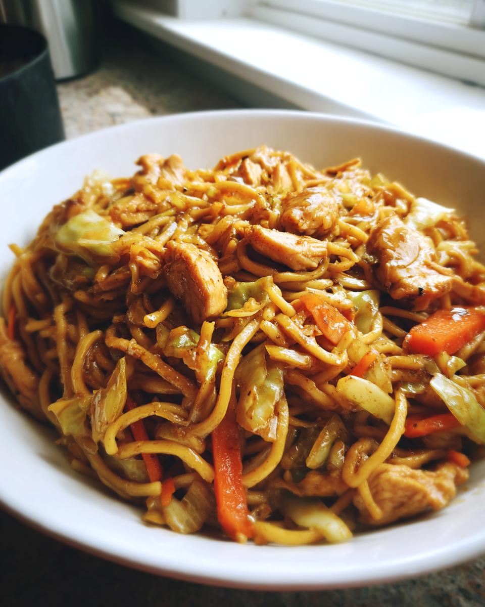 Close-up of a white bowl filled with delicious chicken chow mein recipe, featuring noodles, chicken pieces, cabbage, and carrots.