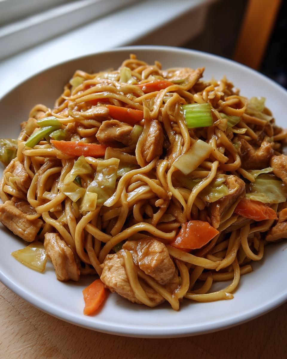 Close-up of a white bowl filled with homemade chicken chow mein recipe, featuring noodles, chicken pieces, carrots, and cabbage.