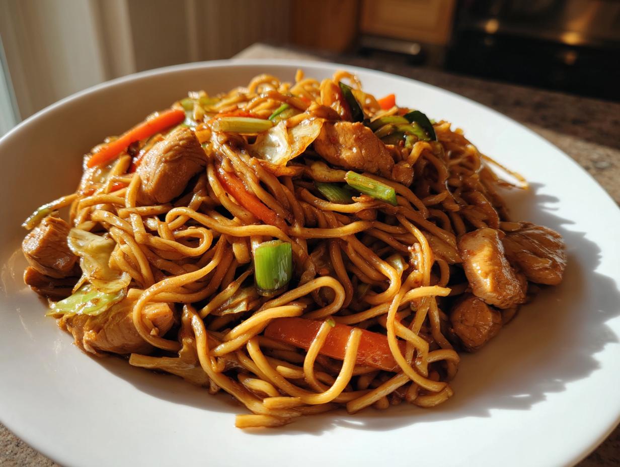 A close-up of a generous serving of homemade chicken chow mein recipe, featuring noodles, chicken pieces, carrots, and cabbage.