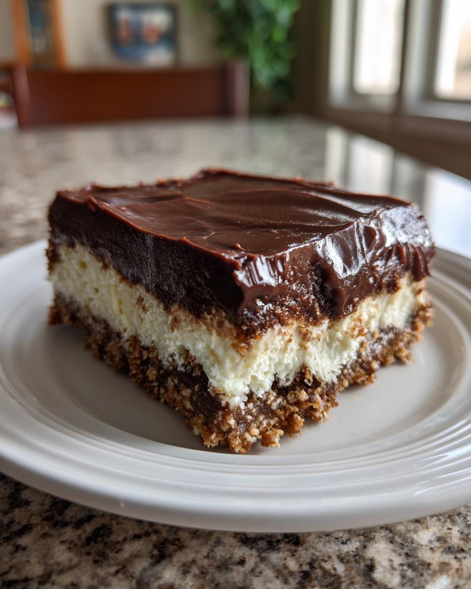 A slice of Chocolate Dream Bars with a rich chocolate frosting, creamy filling, and crumbly base on a white plate.