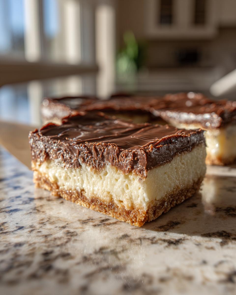 Close-up of a rich Chocolate Dream Bar, showcasing its creamy white layer and chocolate topping on a crumb crust.