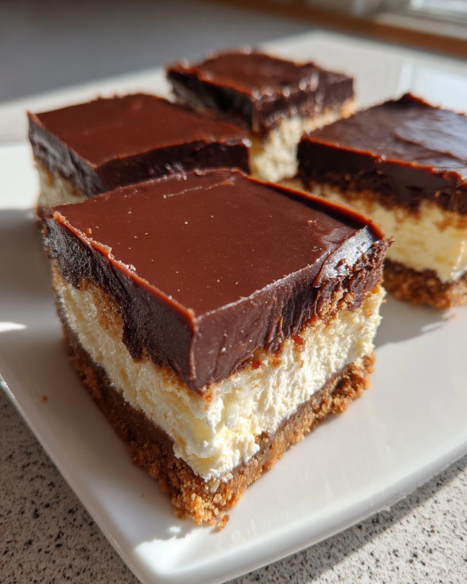 Four delicious Chocolate Dream Bars with a rich chocolate topping and creamy filling on a white plate.