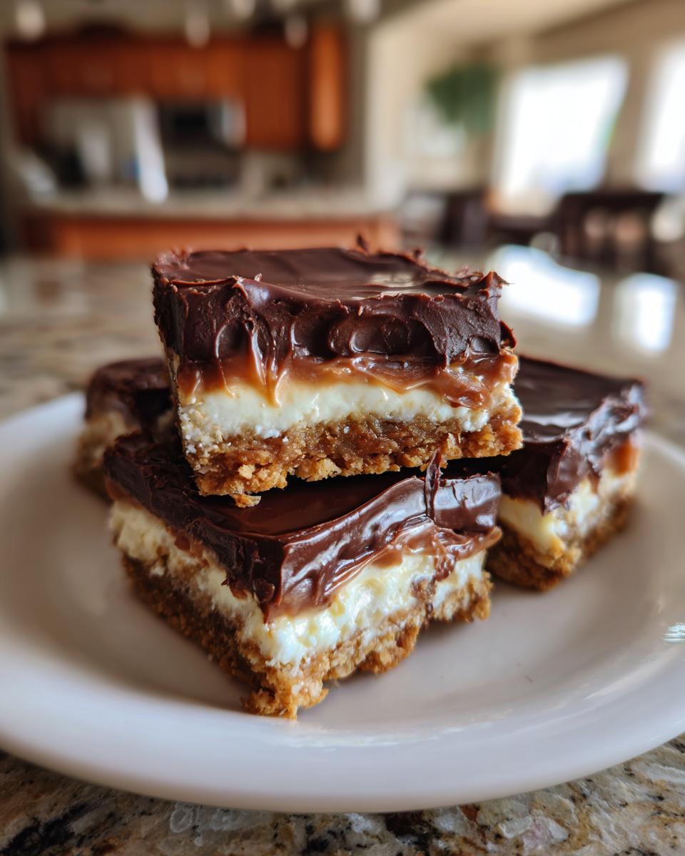 Close-up of stacked Chocolate Dream Bars, showcasing layers of chocolate, caramel, white filling, and a crumbly base.