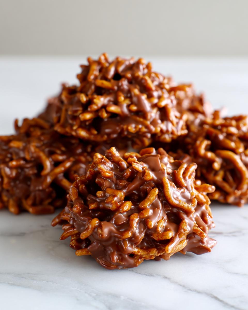 A close-up of several rich, chocolate-coated haystack cookies piled on a white marble surface.
