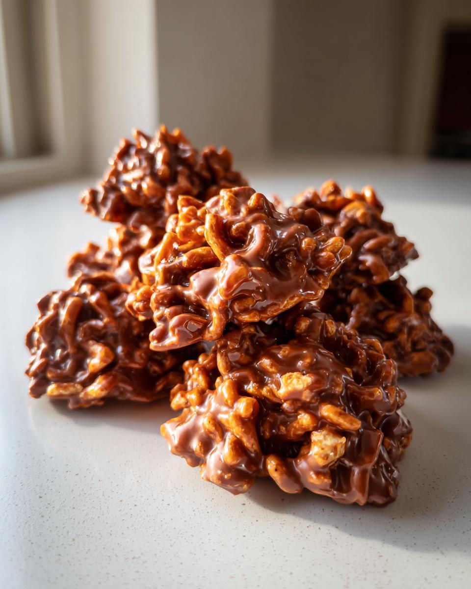 A small pile of glossy, chocolate-coated haystack cookies made with cereal, sitting on a light countertop.