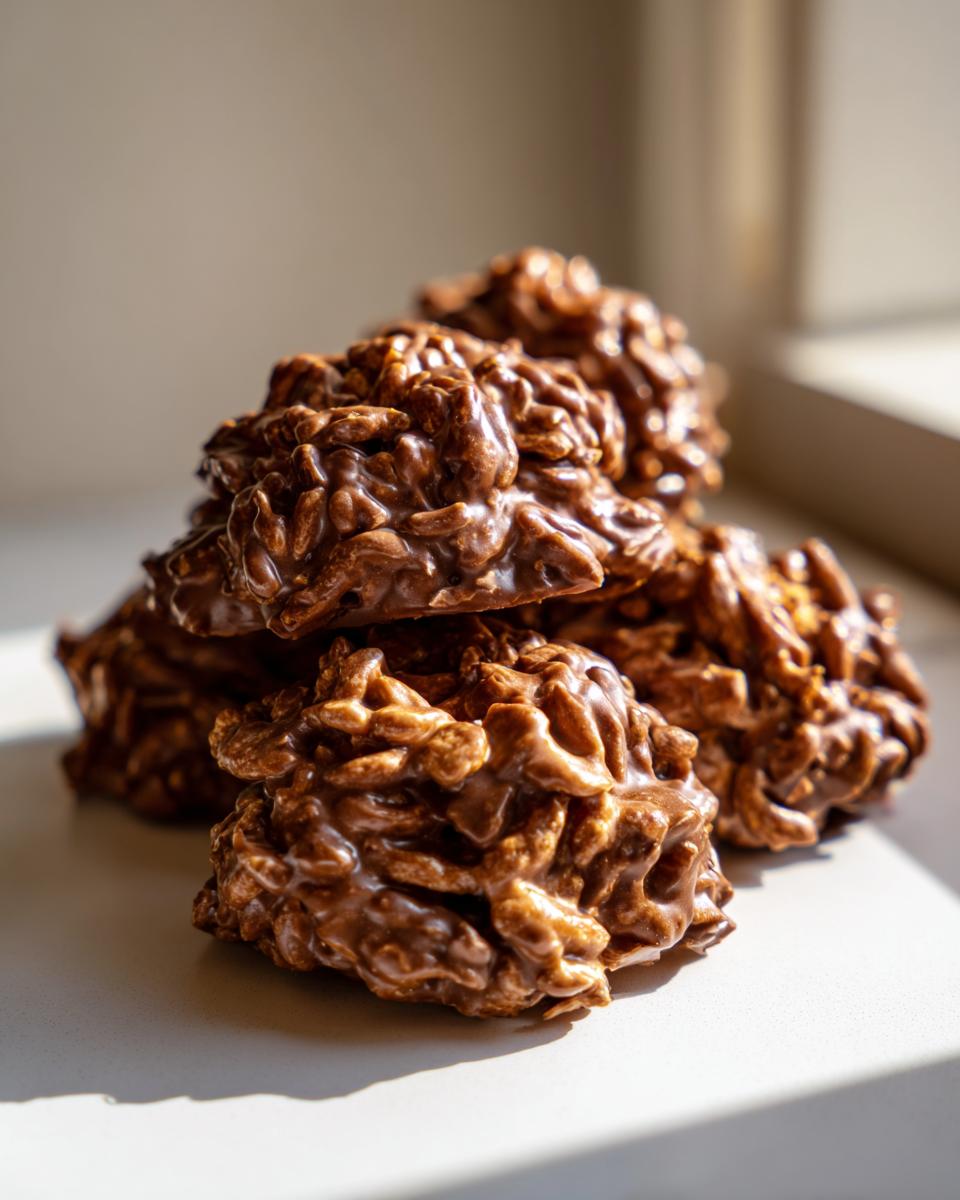 A close-up stack of glossy, chocolate-covered haystack cookies catching bright sunlight.