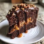 A rich slice of chocolate turtle cake, layered with caramel and topped with chocolate ganache and chopped pecans.