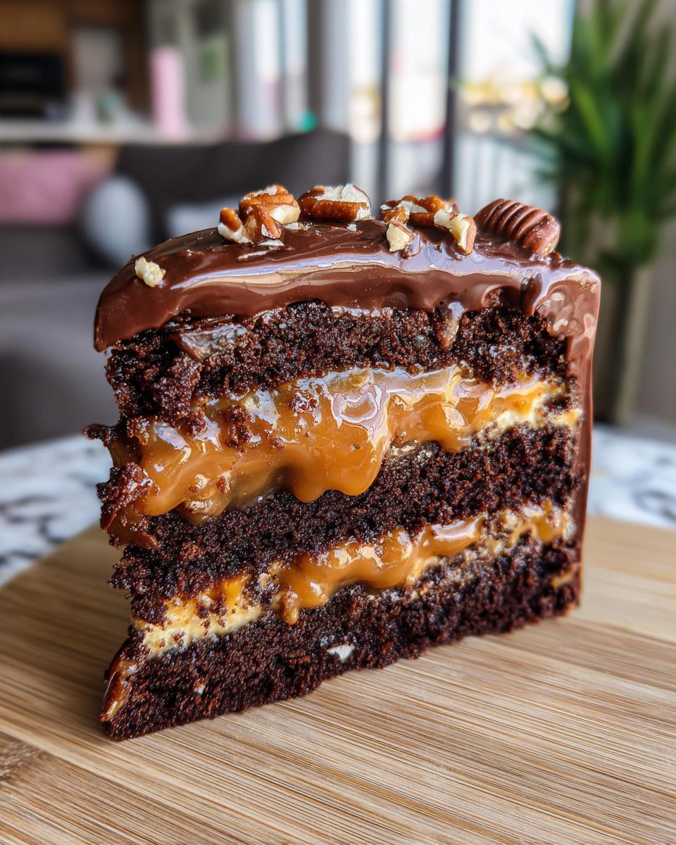A rich slice of chocolate turtle cake layered with caramel and ganache, topped with pecans.