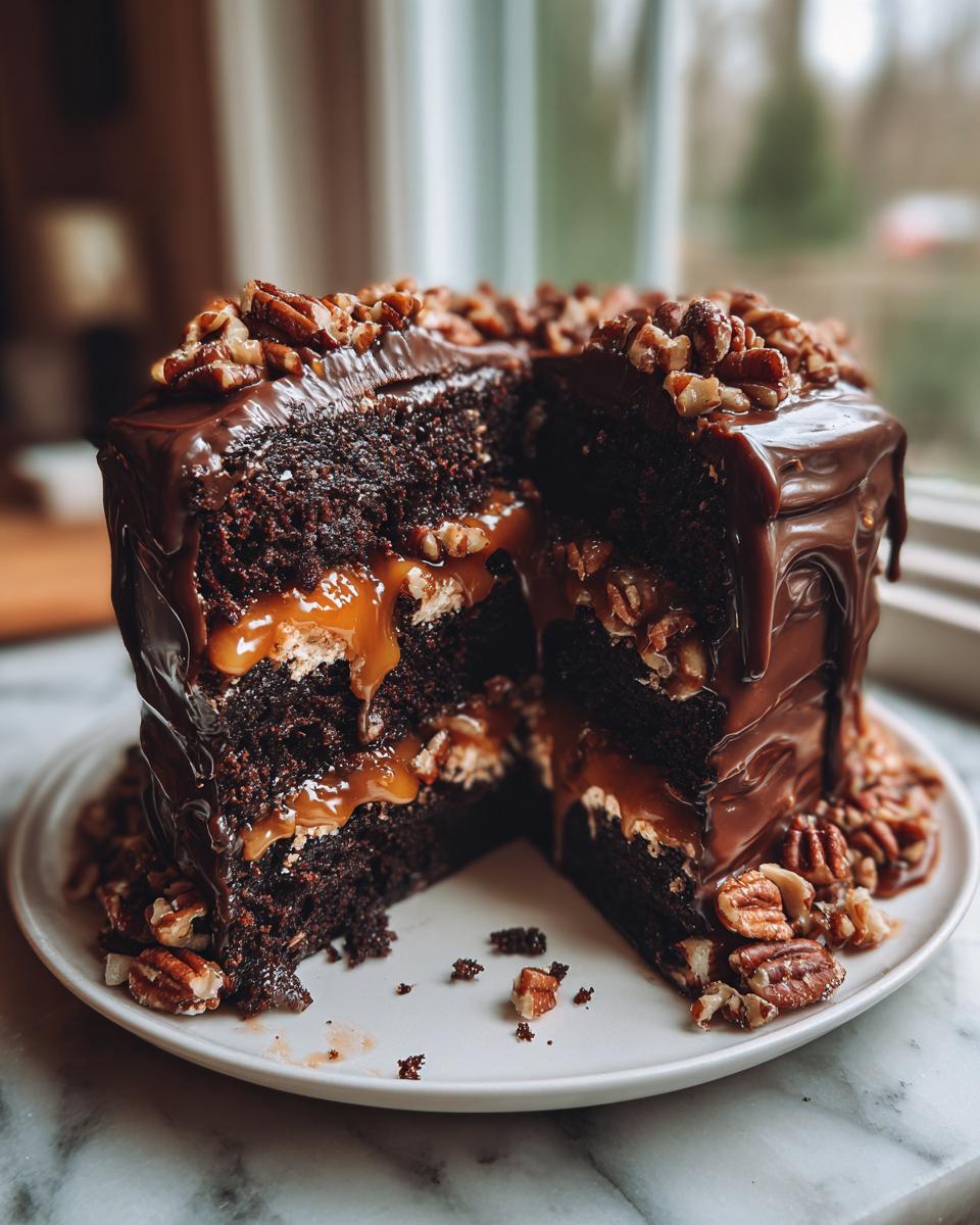 A slice of rich chocolate turtle cake with caramel filling and pecans, topped with chocolate ganache.
