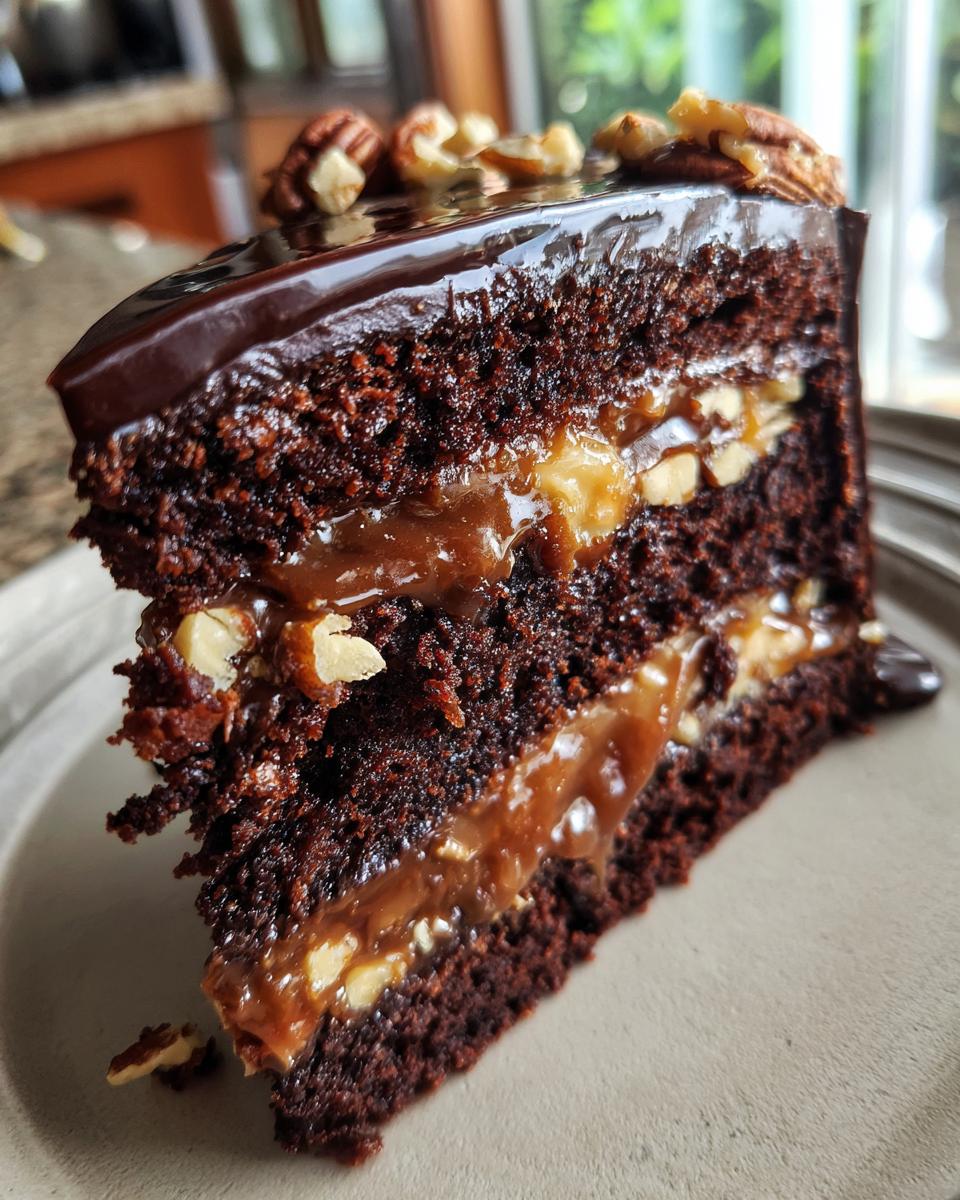 A rich slice of chocolate turtle cake with layers of chocolate cake, caramel, pecans, and chocolate ganache.