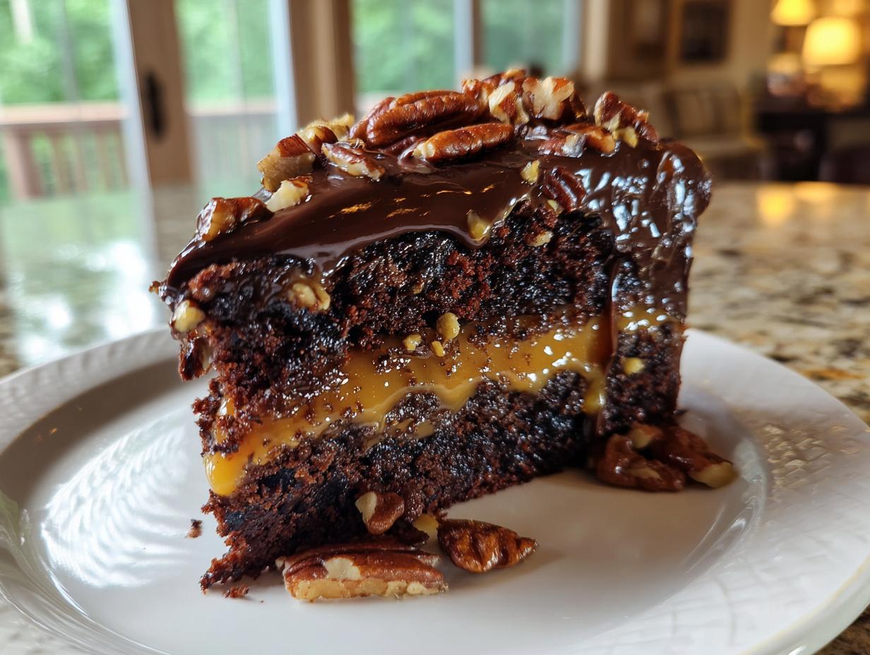 A rich slice of chocolate turtle cake, layered with caramel and topped with chocolate ganache and pecans.