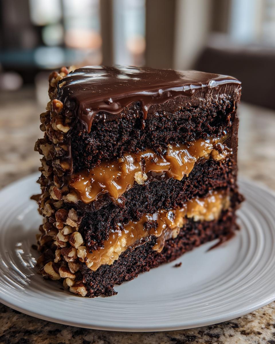 A rich slice of chocolate turtle cake with layers of chocolate cake, caramel, pecans, and chocolate ganache.