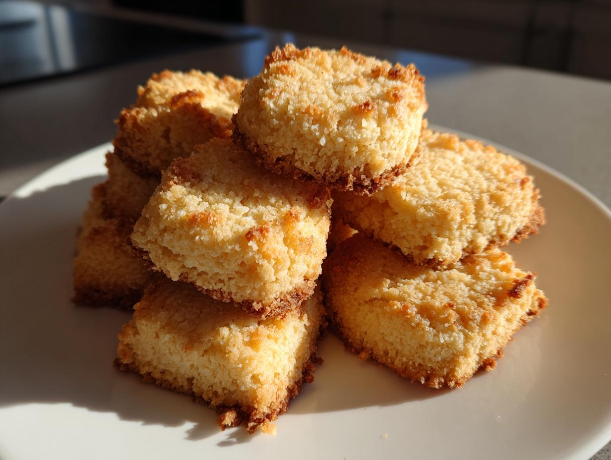 A stack of golden Christmas shortbread cookies with a slightly crisp, textured surface.