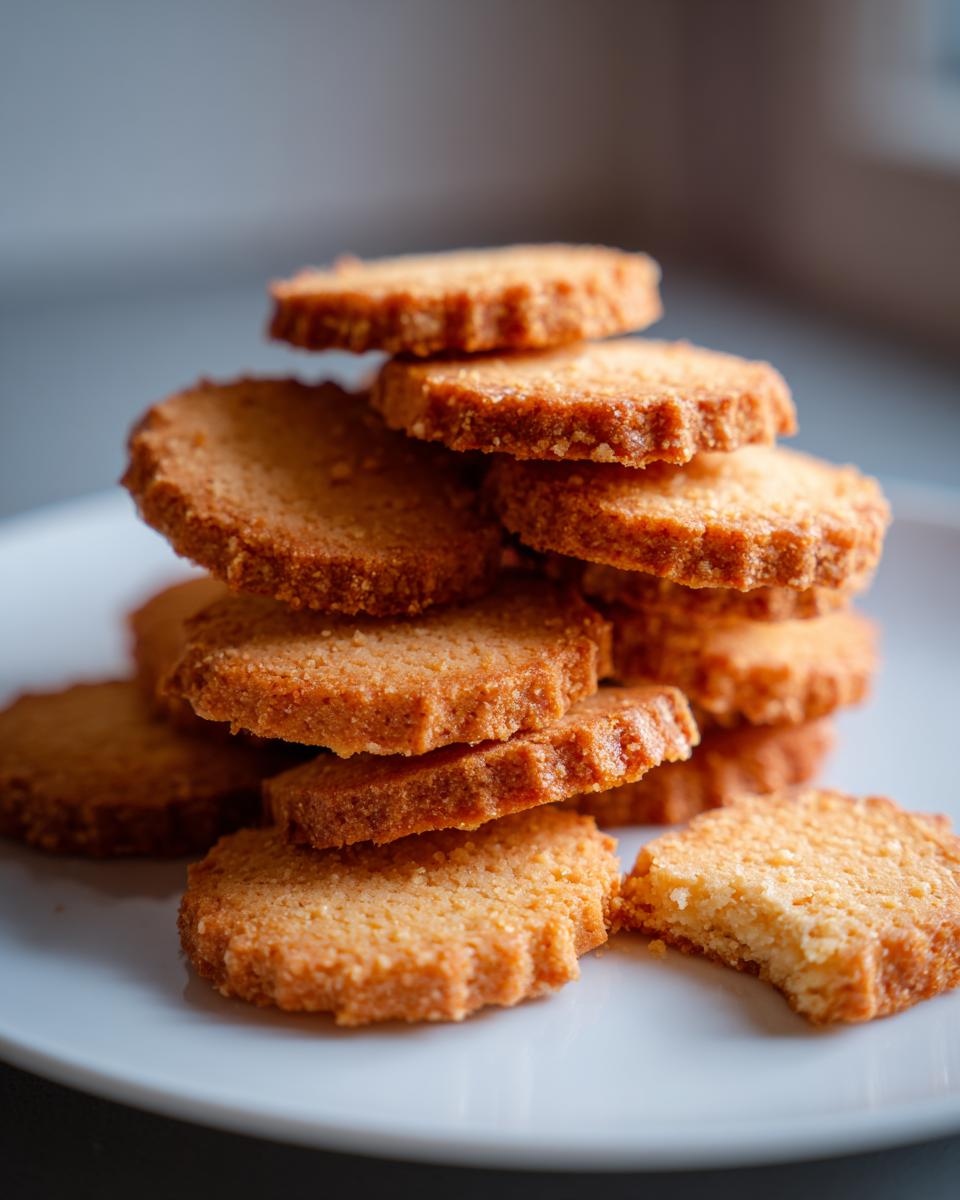 A close-up stack of golden brown Christmas shortbread cookies on a white plate, with one cookie having a bite taken out.