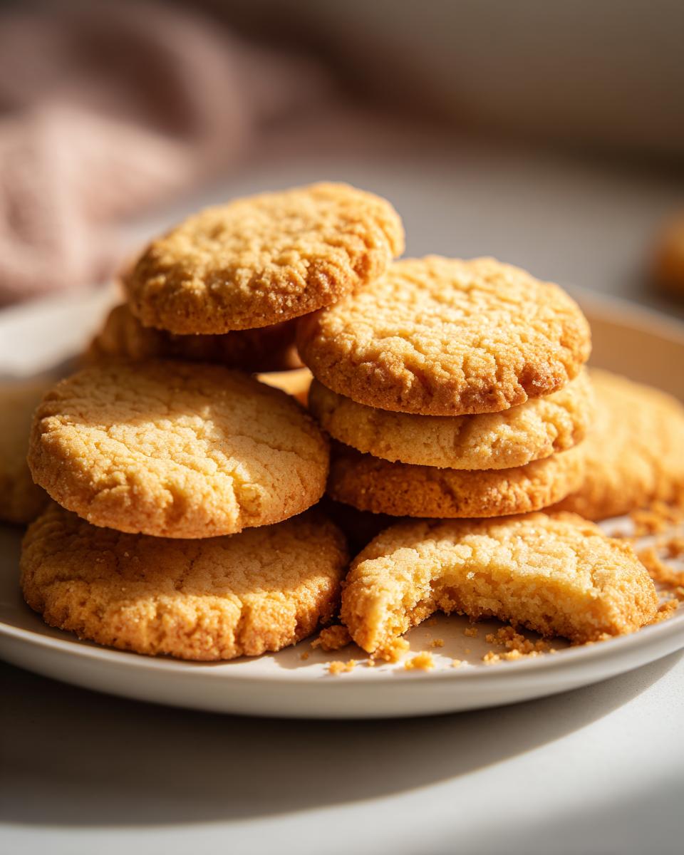 A stack of golden Christmas shortbread cookies on a plate, with one cookie broken to show its texture.