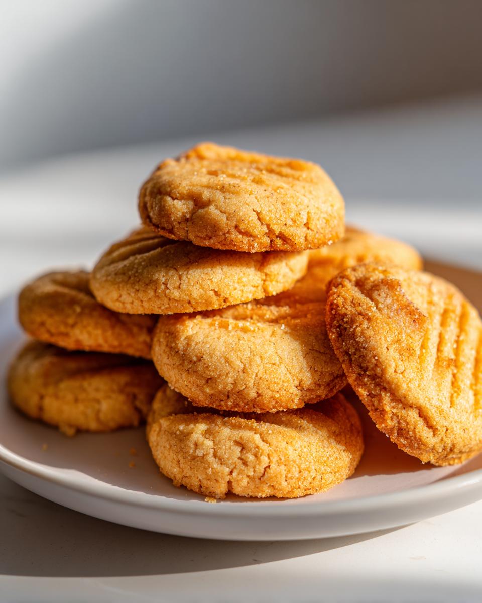 A stack of golden Christmas shortbread cookies with a textured pattern on a white plate.