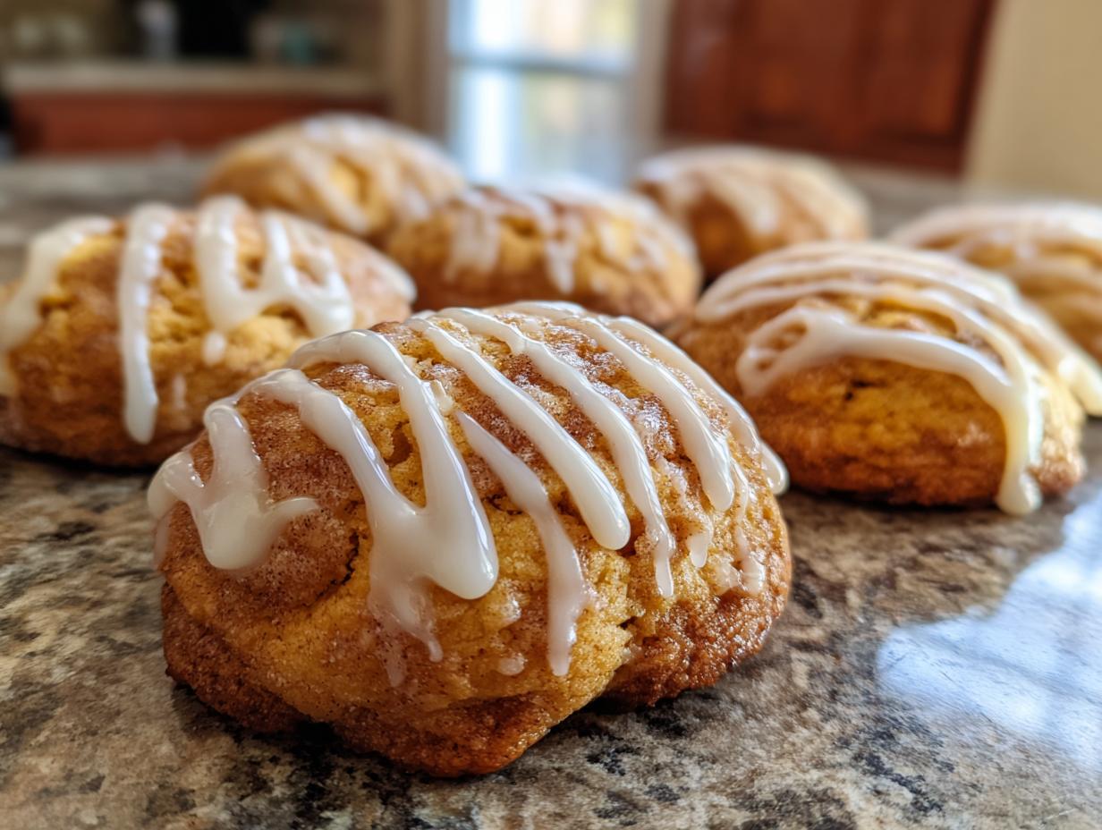 Close-up of freshly baked cinnamon bun cookies drizzled with a white glaze.