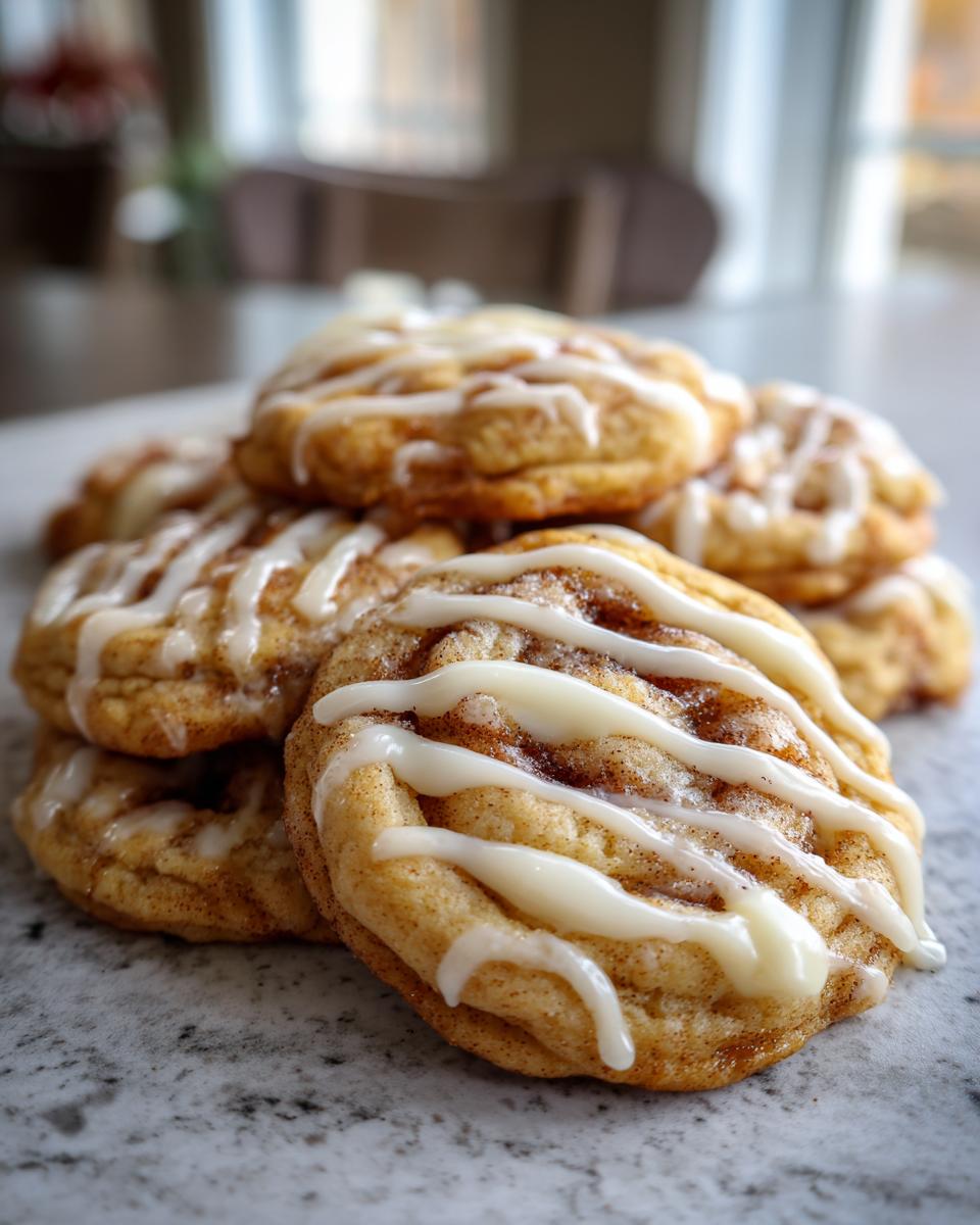 Close-up of a stack of soft cinnamon bun cookies drizzled with white icing.